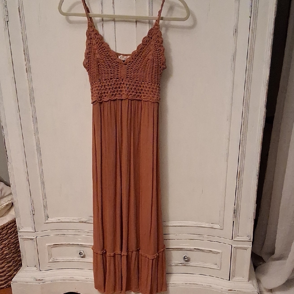 Blush Crochet Bodice Spaghetti-Strap Maxi Dress in Rust